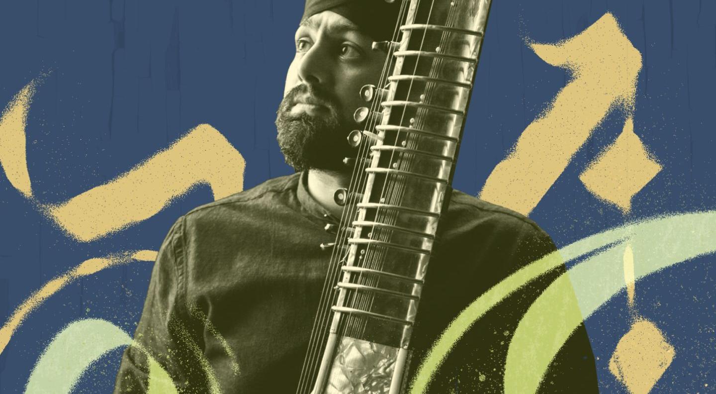 A man of Indian descent wears a turban and has a short black beard. He holds a sitar, and is pictured against a blue background with hand-drawn abstract script in yellow and green