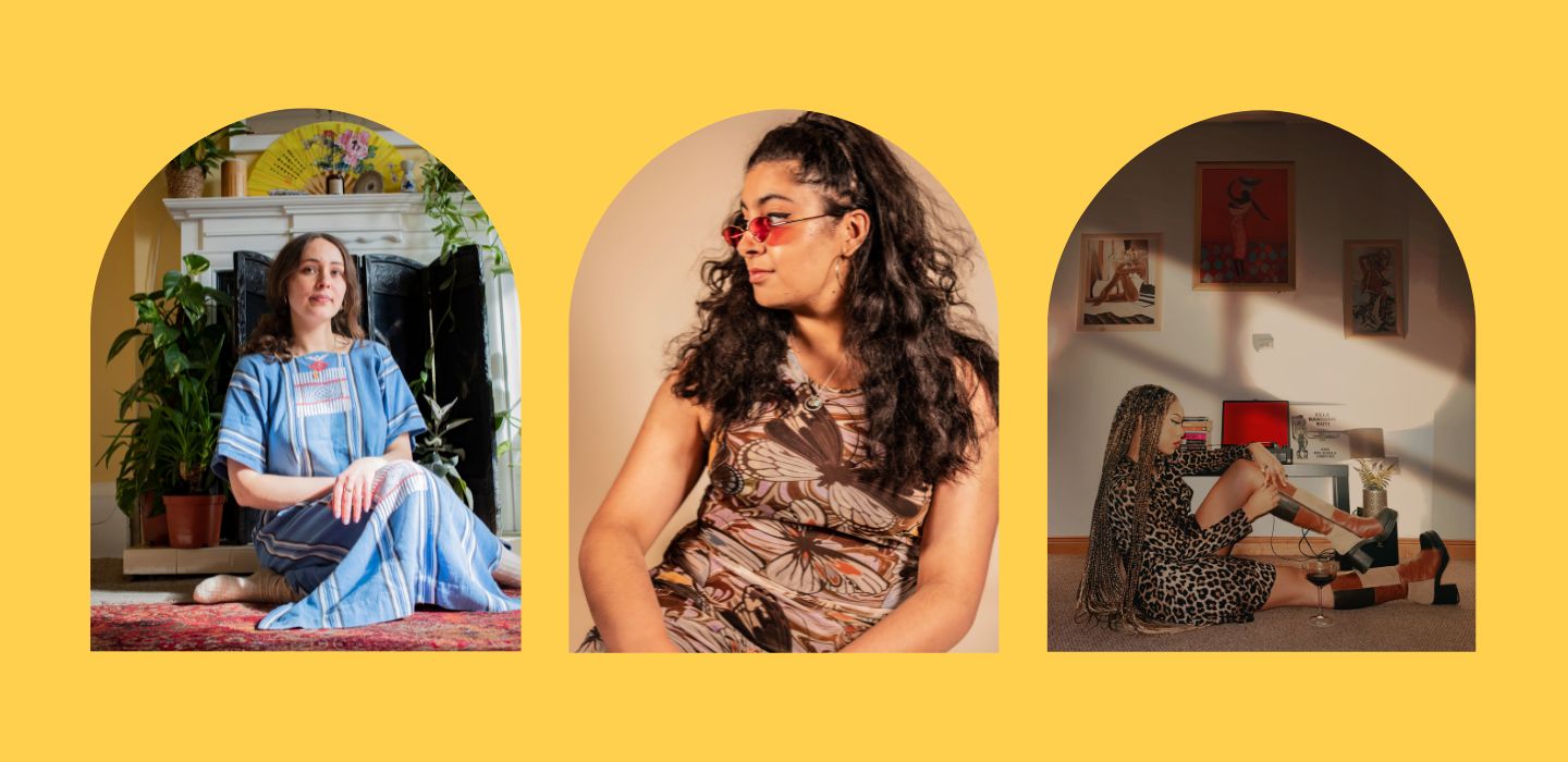 A yellow background with three arched windows, with the three artists in, L-R: India Blue, FIZA and Wenge.B