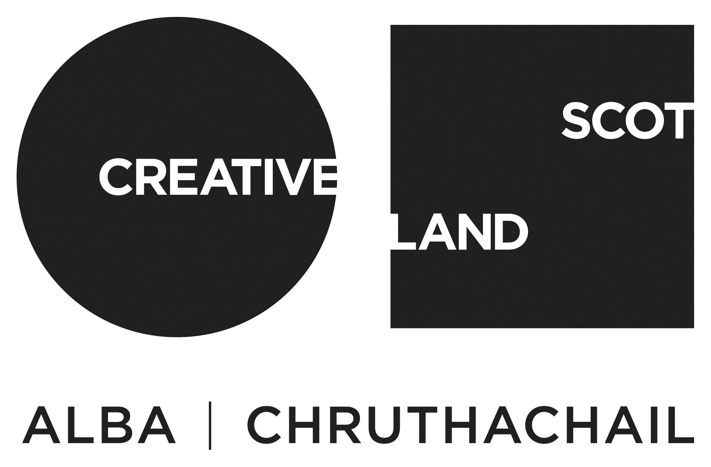 The Creative Scotland logo is a black circle with Creative written in white capital letters and a black square with the word Scotland split in half and written in white capitals at the top right and bottom left. The name is in gaelic underneath Alba Chruthachail