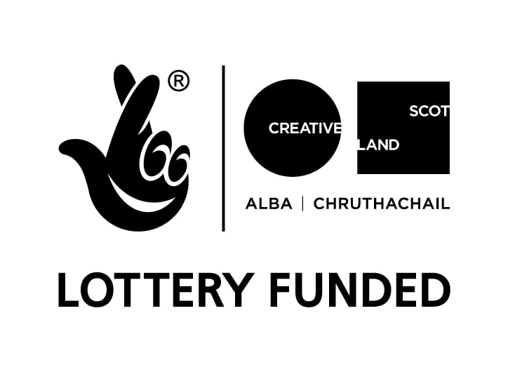 Black logo on white background. On the left a hand crosses its fingers. On the right are a circle with Creative written on it and a square with Scotland. Underneath reads ALBA CHRUTHACHAIL and LOTTERY FUNDED 