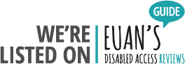Black text reads We're Listed on Euan's Disabled Access with a teal coloured speech bubble reading Guide with Reviews in the same colour underneath