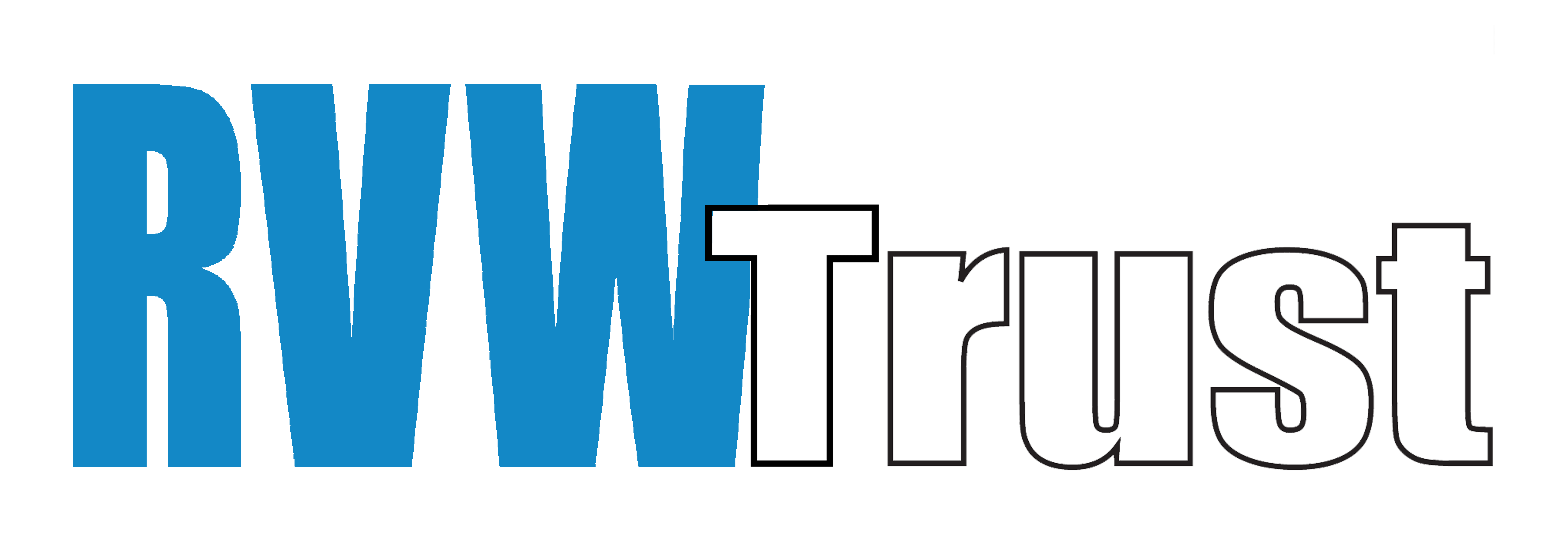 RVW in large blue capital letters overlapped slightly by the word Trust in upper and lower case in white letters with black border