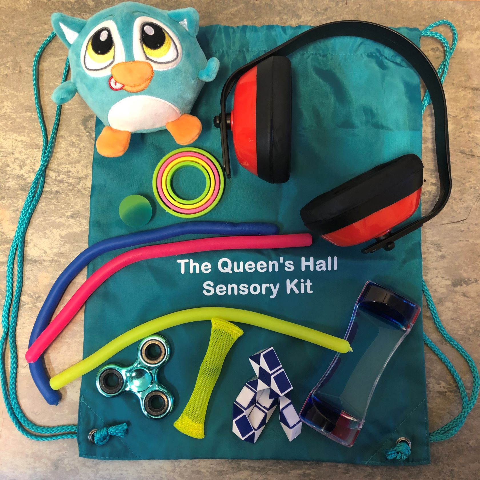 A green bag saying The Queen's Hall Sensory Kit with its contents lying on top which include ear defenders, a soft toy and fidge spinners