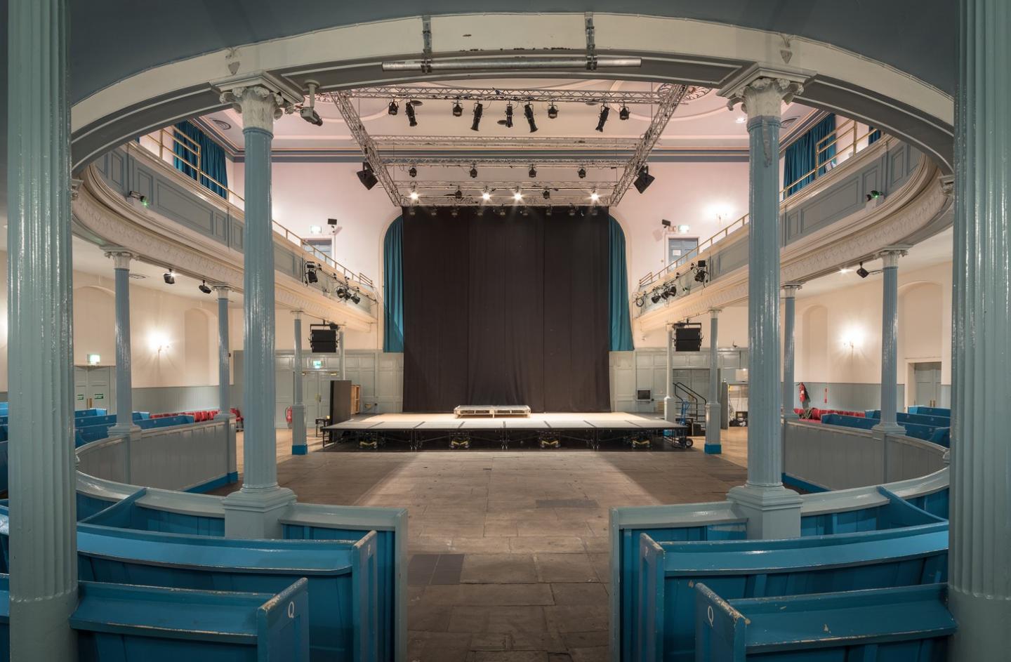 The Queen's Hall auditorium from stalls to stage laid out for standing gig