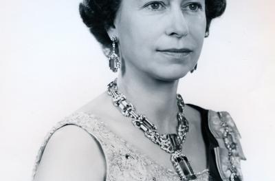 A black and white image of HM Queen Elizabeth II at The Queen's Hall 