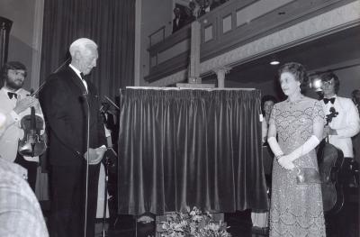 A black and white image of HM Queen Elizabeth II at The Queen's Hall 