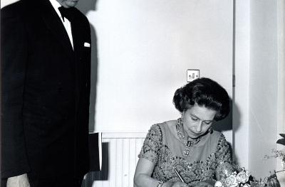 A black and white image of HM Queen Elizabeth II at The Queen's Hall 