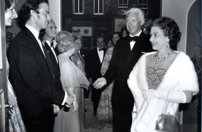 A black and white image of HM Queen Elizabeth II at The Queen's Hall 