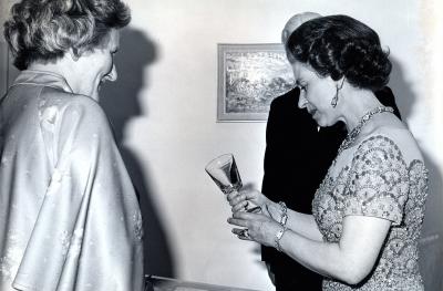 A black and white image of HM Queen Elizabeth II at The Queen's Hall 