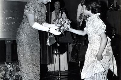 A black and white image of HM Queen Elizabeth II at The Queen's Hall 