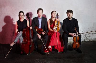 Two white men and two white women sit in a row holding string instruments