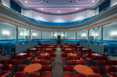 The Queen's Hall auditorium from stage with cabaret tables