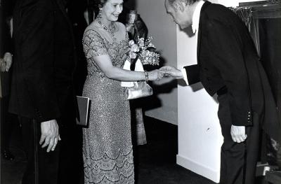 A black and white image of HM Queen Elizabeth II at The Queen's Hall 