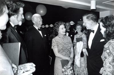 A black and white image of HM Queen Elizabeth II at The Queen's Hall 