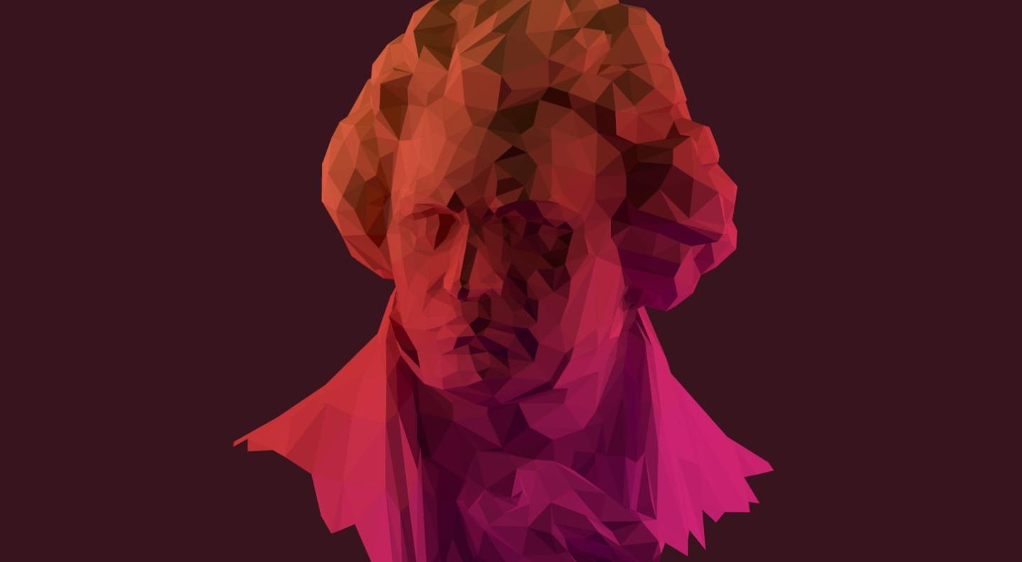 A pink and orange-hued bust of Beethoven against a dark maroon background