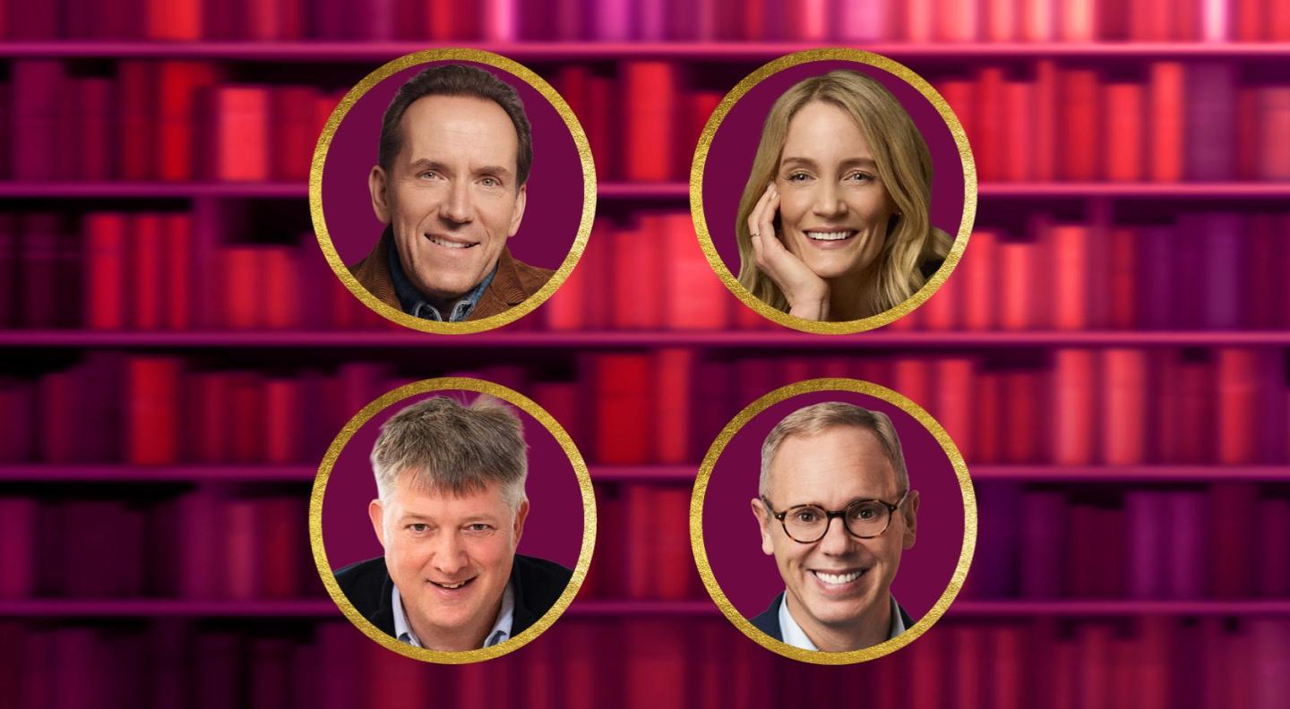 A bookcase with a red overlay, and two circles with Ben Miller, Lucy Foley. James Prichard and Rob Rinder's headshots in them