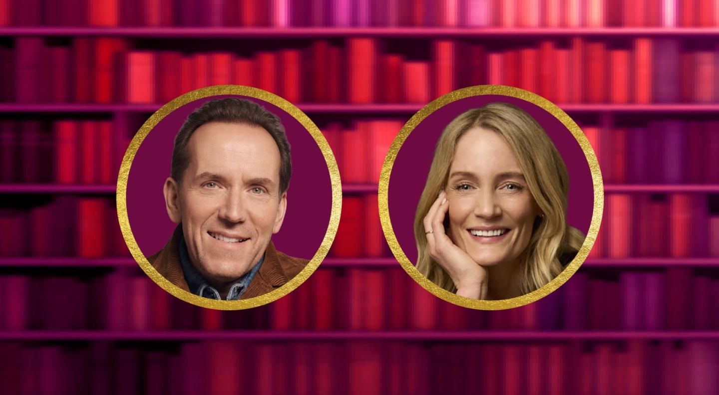 A bookcase with a red overlay, and two circles with Ben Miller and Lucy Foley's headshots in them