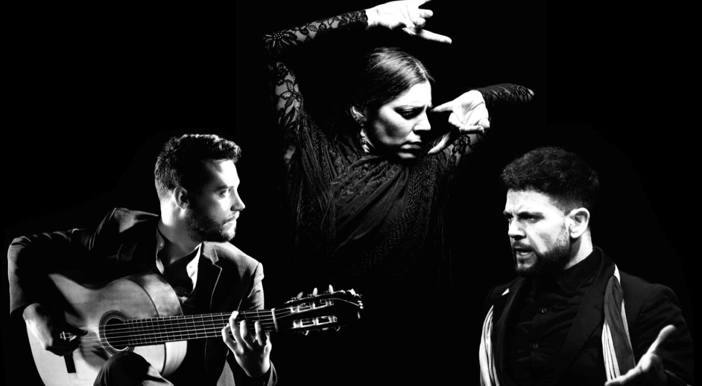 A flamenco dancer, guitar player and singer in black and white against a black background.