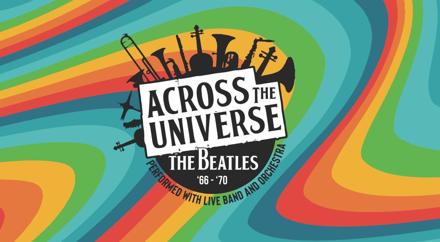 A wavy psychedelic coloured background with the text 'Across the Universe The Beatles '66-'70' written on it