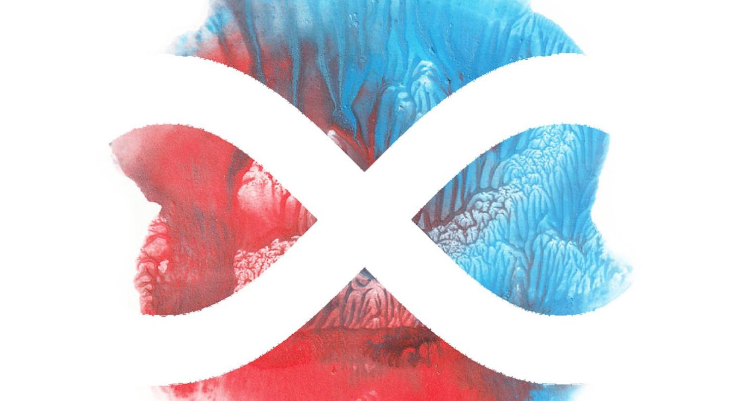 An abstract image with a white infiinity sign overlaid on a blue and red background