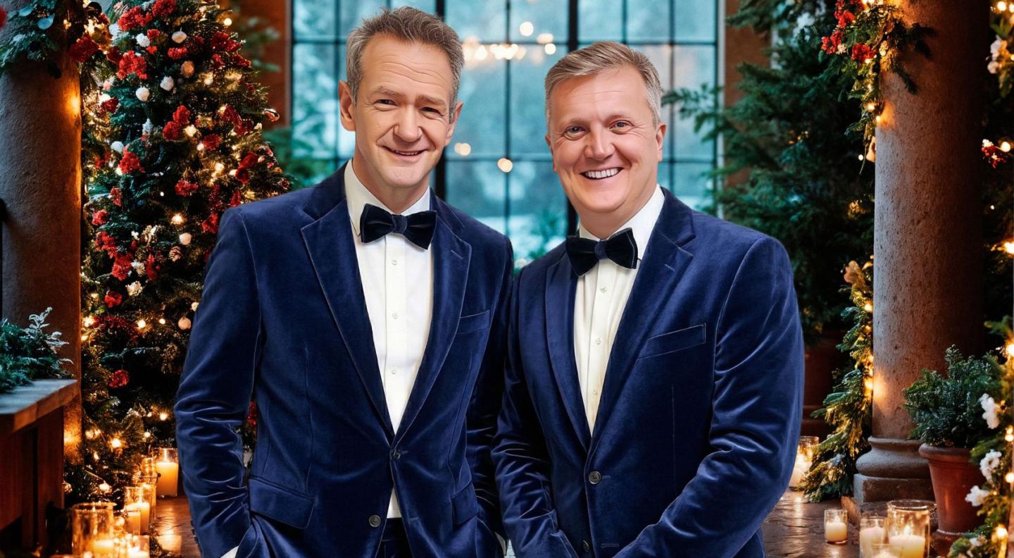 Aled Jones and Alexander Armstrong wearing blue velvet suits standing in front of a christmassy background