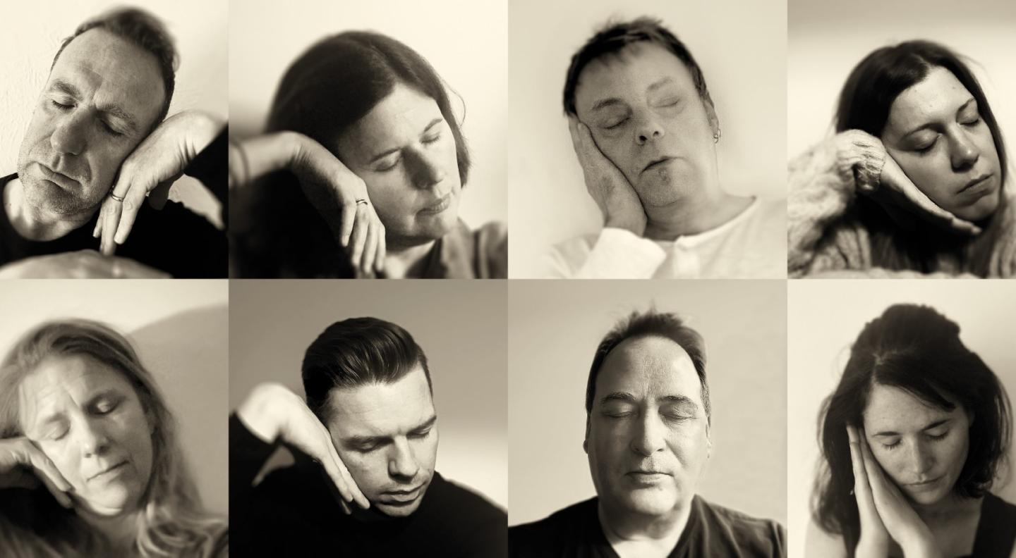 Eight separate black and white headshots of the members of Black Glass Ensemble with their eyes closed, many resting their heads on their hands