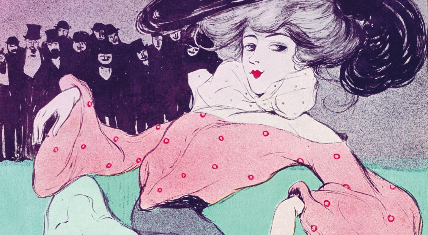 An 1920's style illustration of a woman, wearing a pink dress and wide black hat, with red lipstick