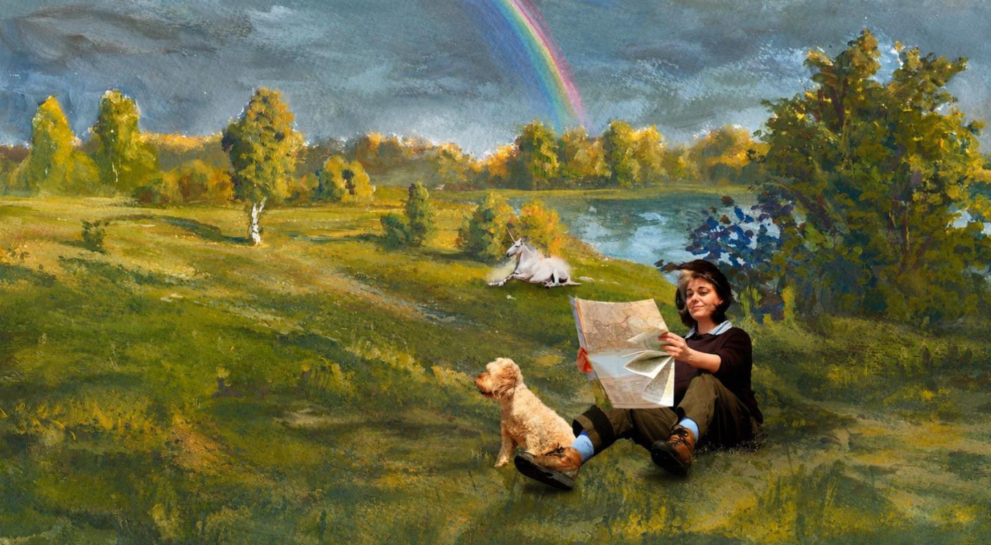 An illustration of a grassy scene, with a rainbow in the background, and a woman reading a newspaper in the foreground
