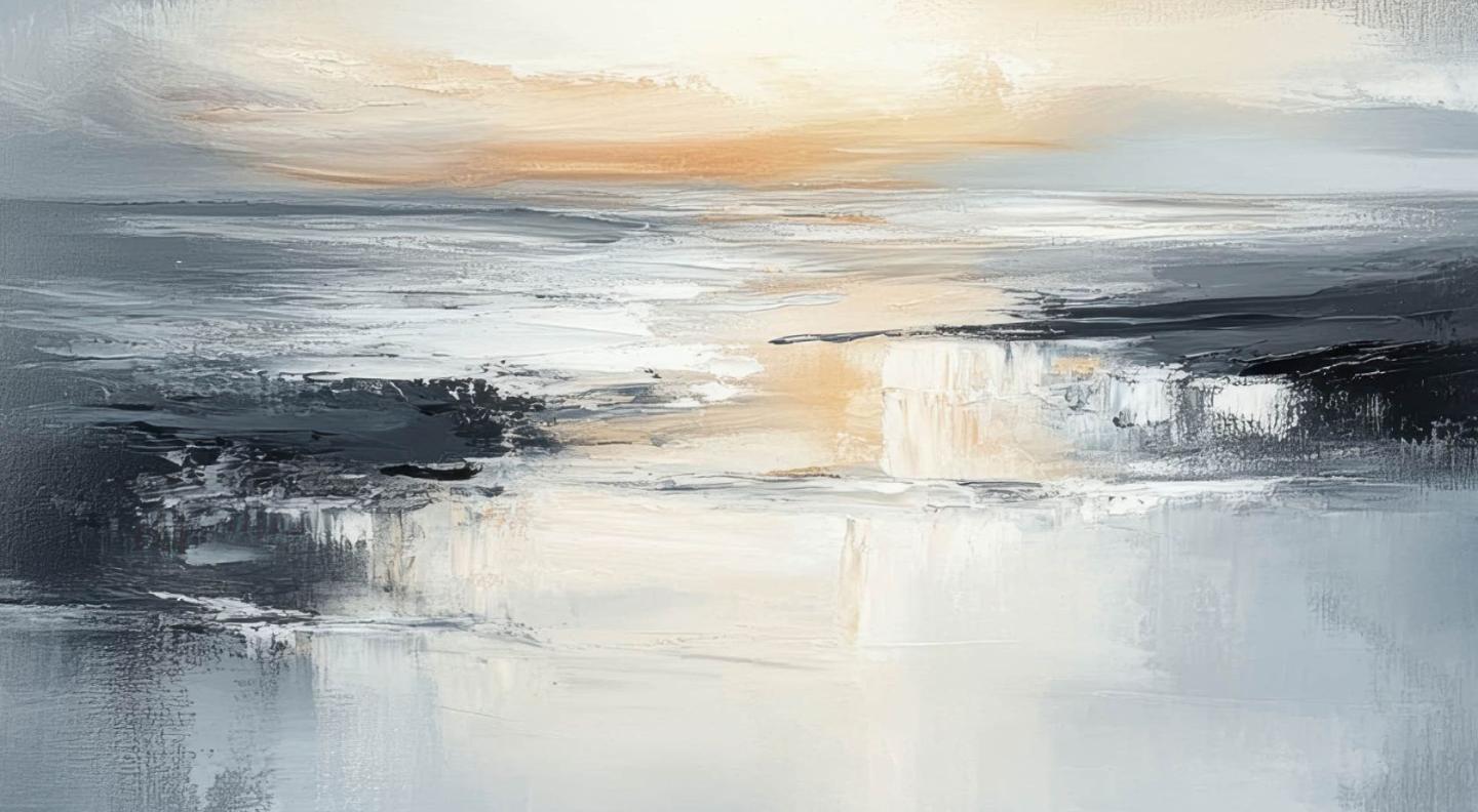 Landscape painting of a sunrise over a snowy scene