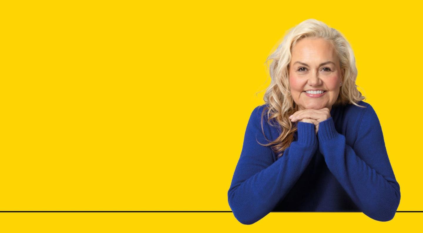 an image of Caroline Hirons, an older woman with long grey hair, against a yellow background
