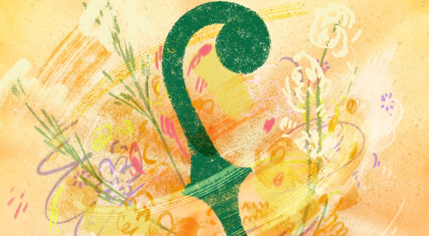 An illustration of the top of a treble clef against a background of yellow summer wildflowers