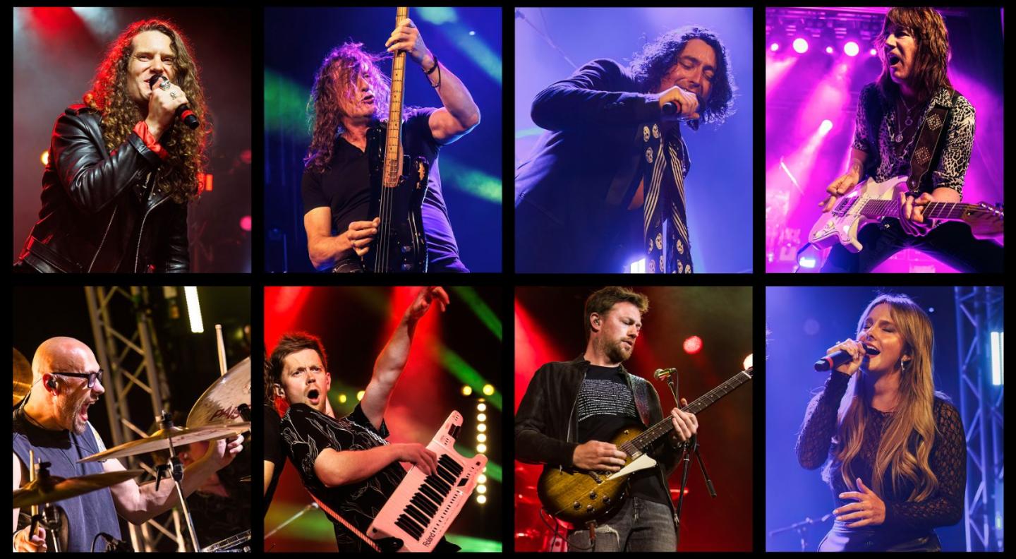 A two by four grid of images of The Classic Rock Show performers performing