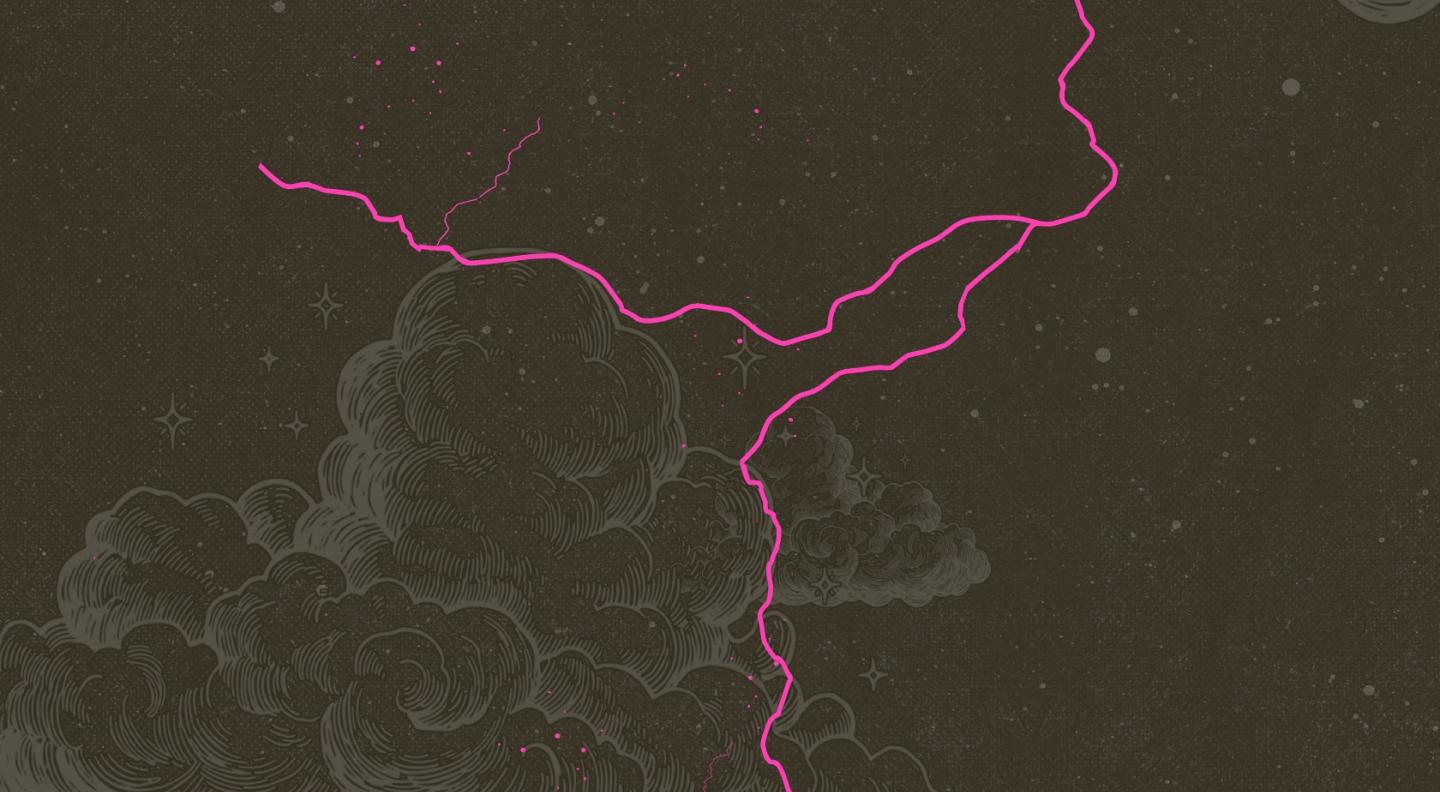 A pink lightnening strike cuts across an illustration of dark stormy sky