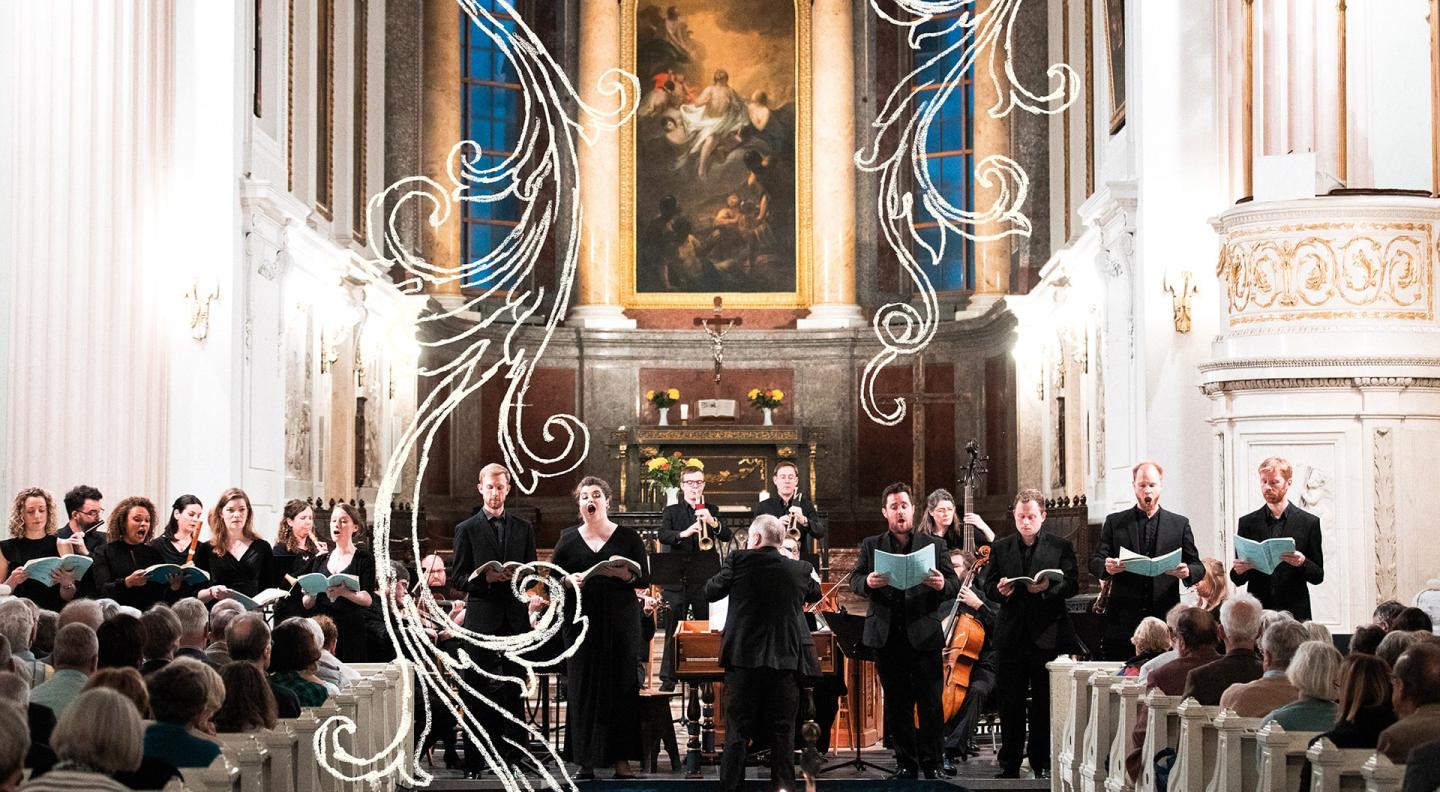 Singers and musicians perform for an audience in a church