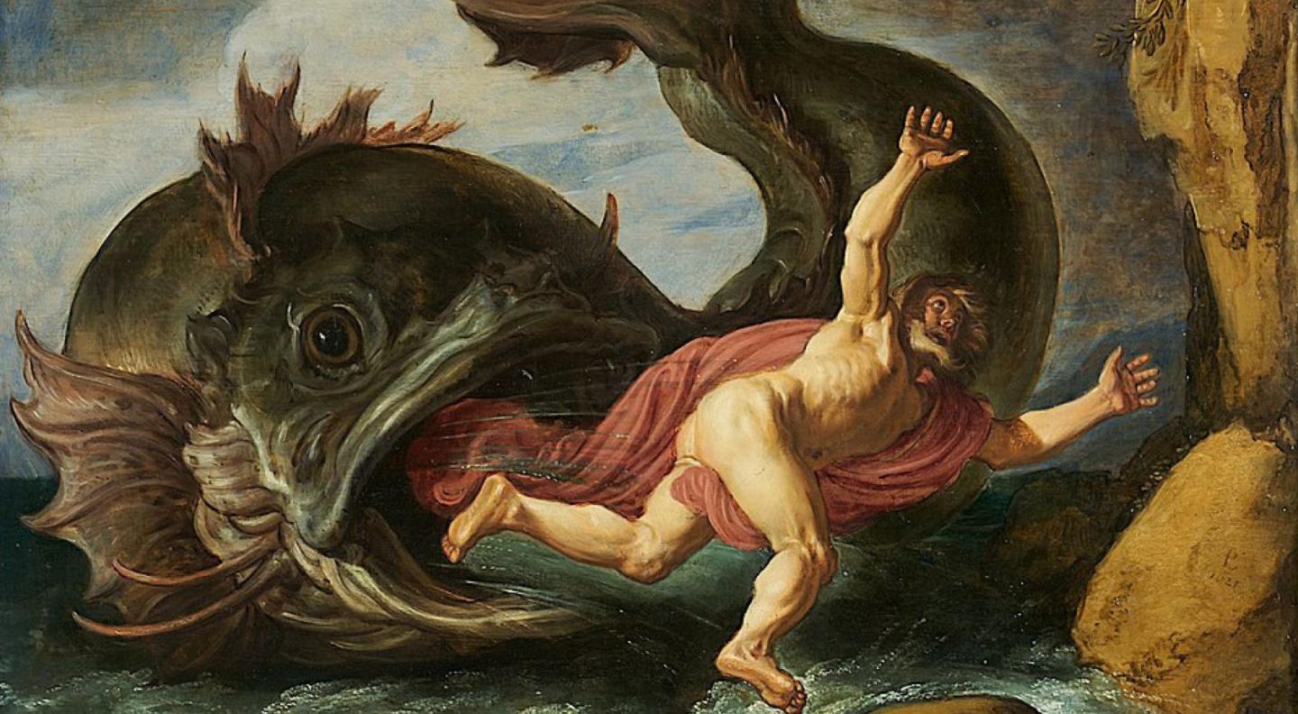 A classical style painting of a person trying to escape the mouth of a fish