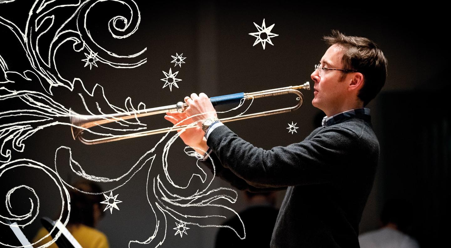 A man holds a trombone up to his face. Swirls and patterns are drawn on the picture to represent music coming from the instrument
