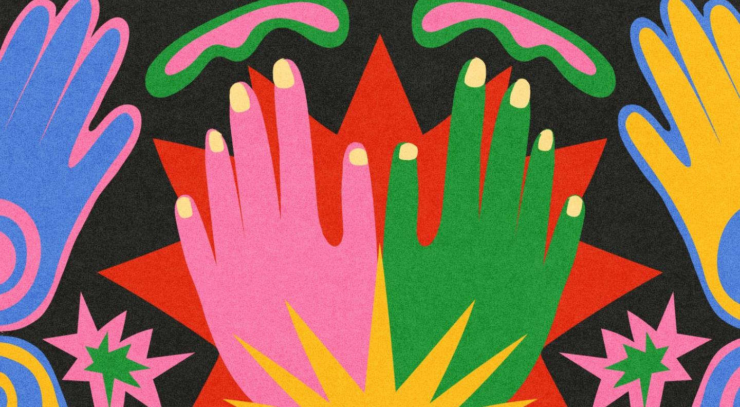 A graphic image of brightly coloured hands against a dark background