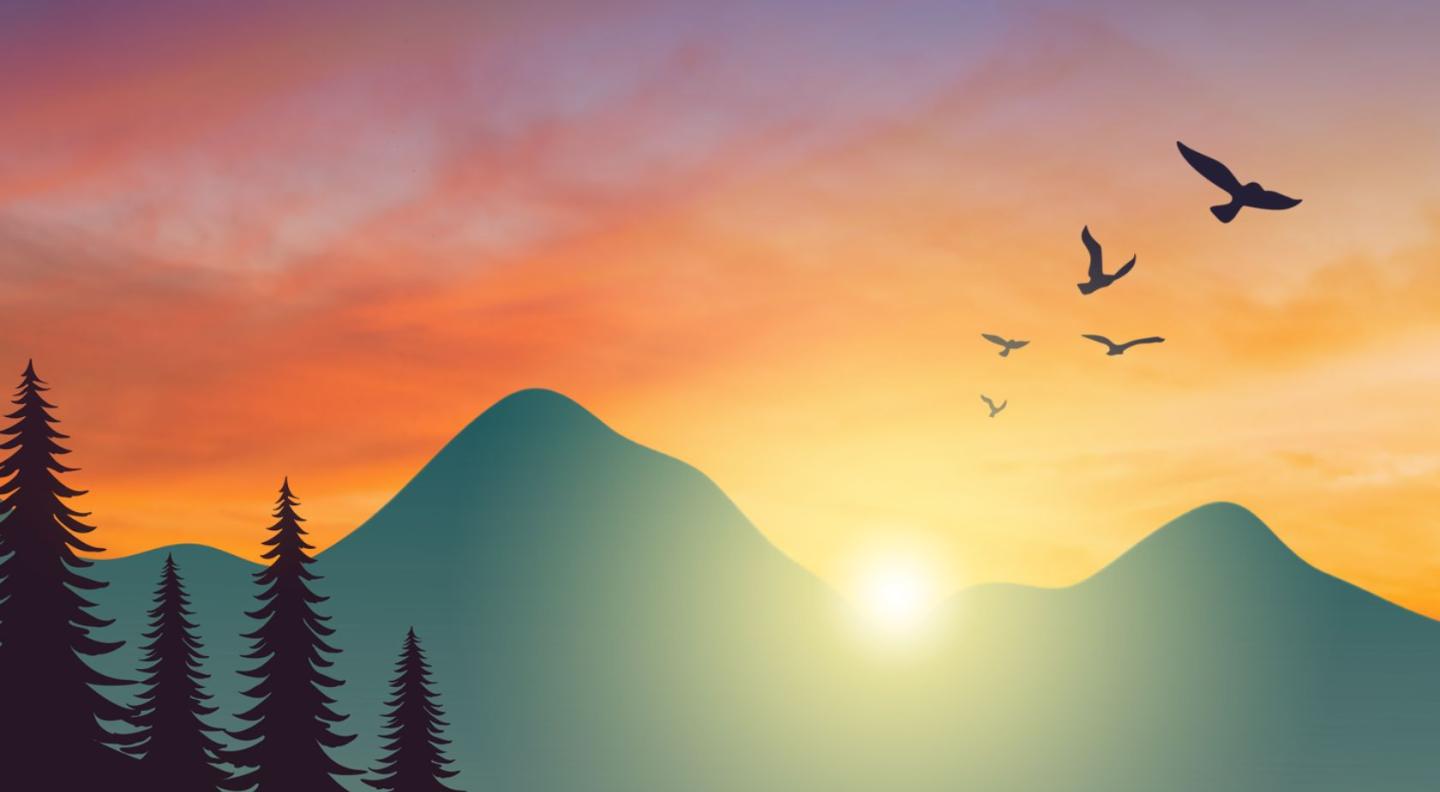 A image of a sunset over some mountains, with silhouettes of birds flying and trees in the foreground.