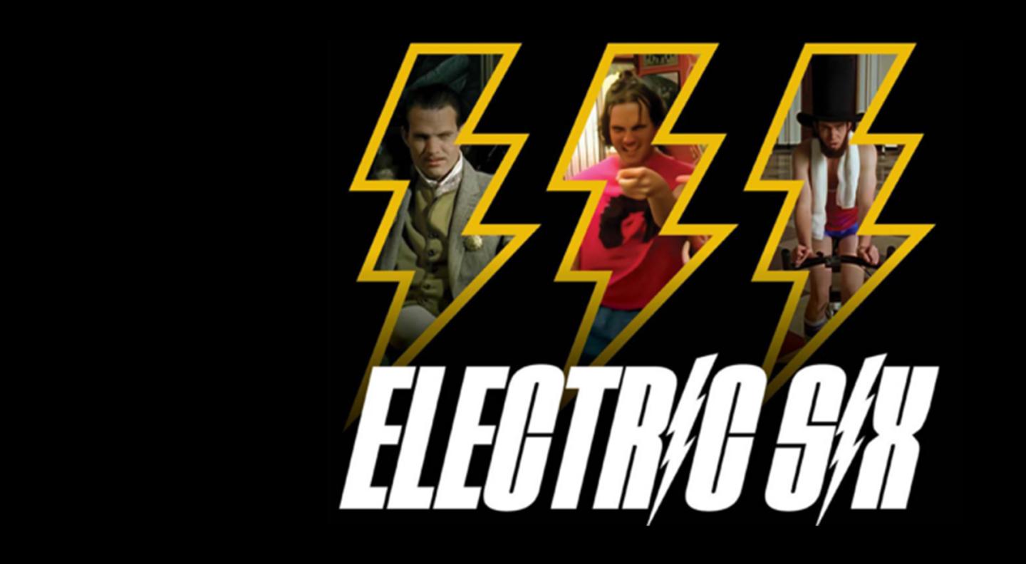 A black background with three lightning bolts with pictures of the members of Electric Six inside