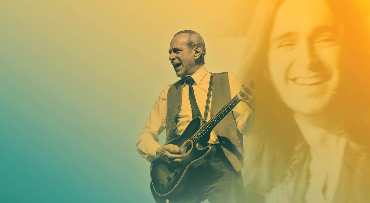An image of Francis Rossi with a younger version of himself with a blue and yellow overlay