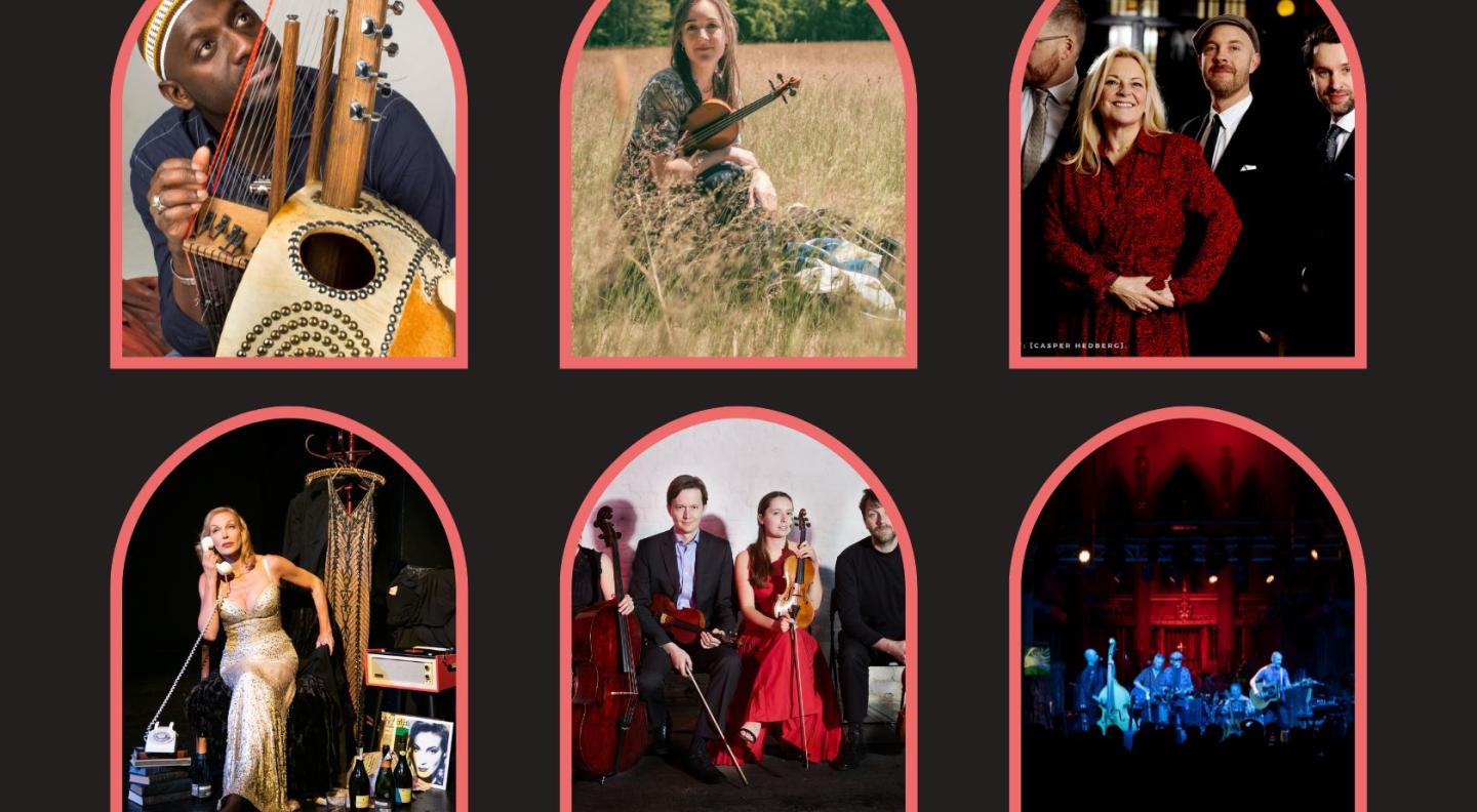 A black background with six arch shaped images showing a variety of male/female/black/white performers