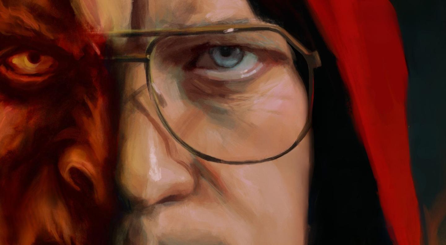A drawing of a man with glasses wearing a red hood, with half of his face portrayed as a devil.