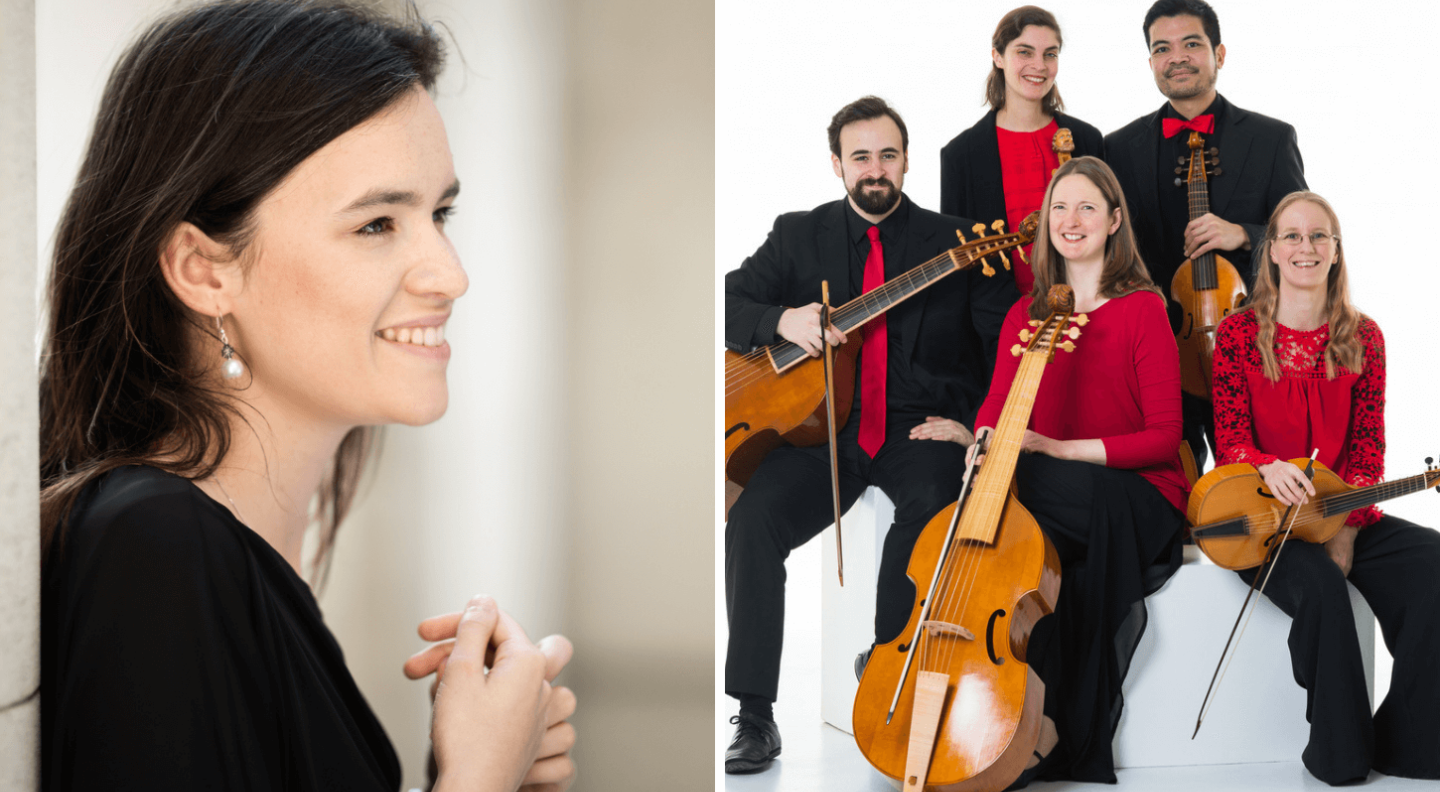 A mid shot of Helen Charlston, side-on, smiling and a wide shot of the Chelys Consort arranged in a group with their instruments.