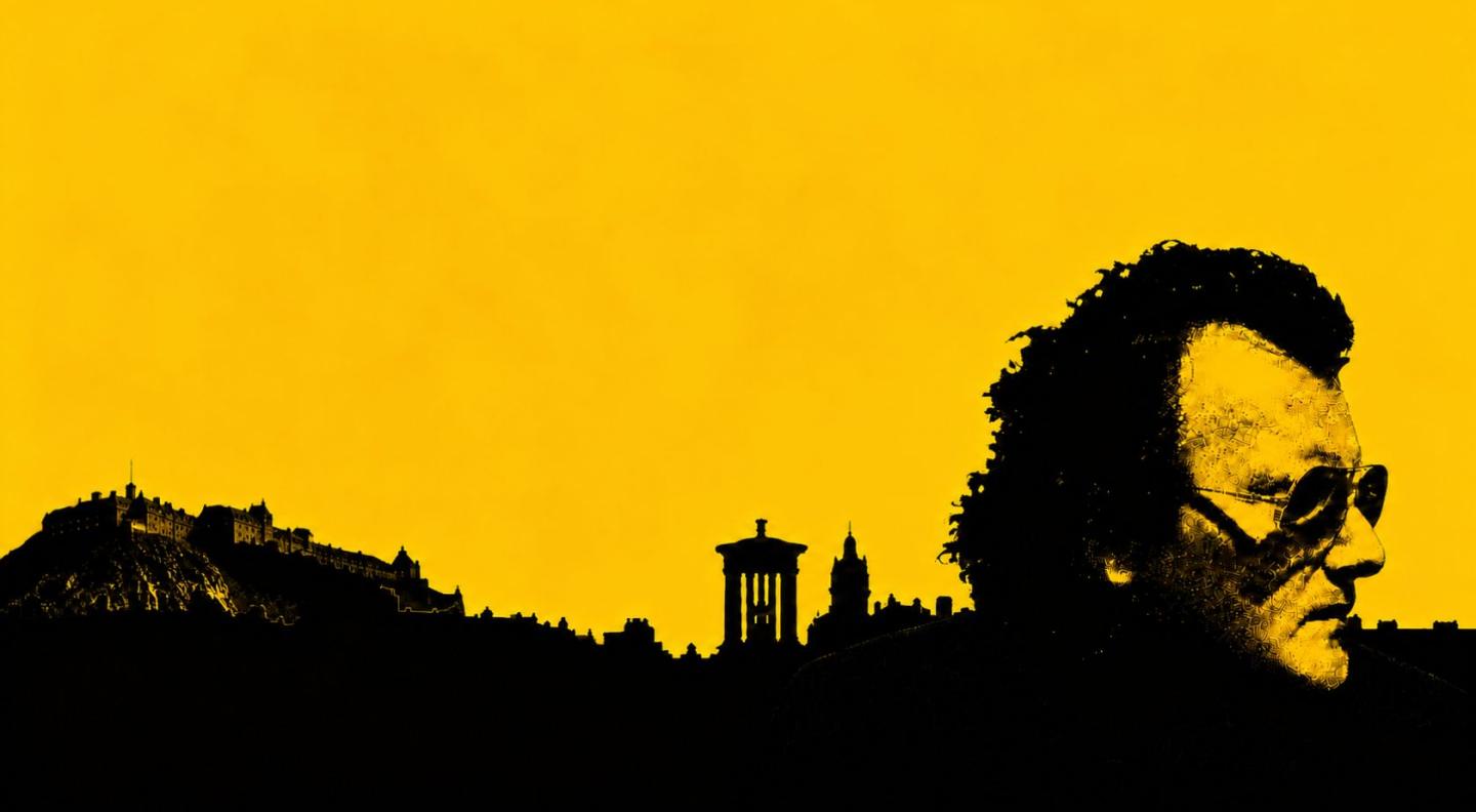 A yellow background image with Gerry Rafferty's photo in the foreground