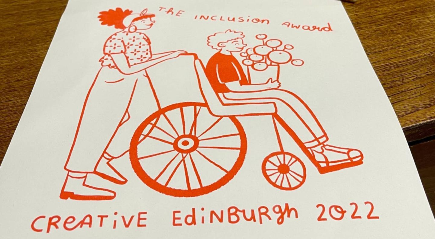 A red and white illustration of a woman pushing a man in a wheelchair with Creative Edinburgh 2022 written underneath
