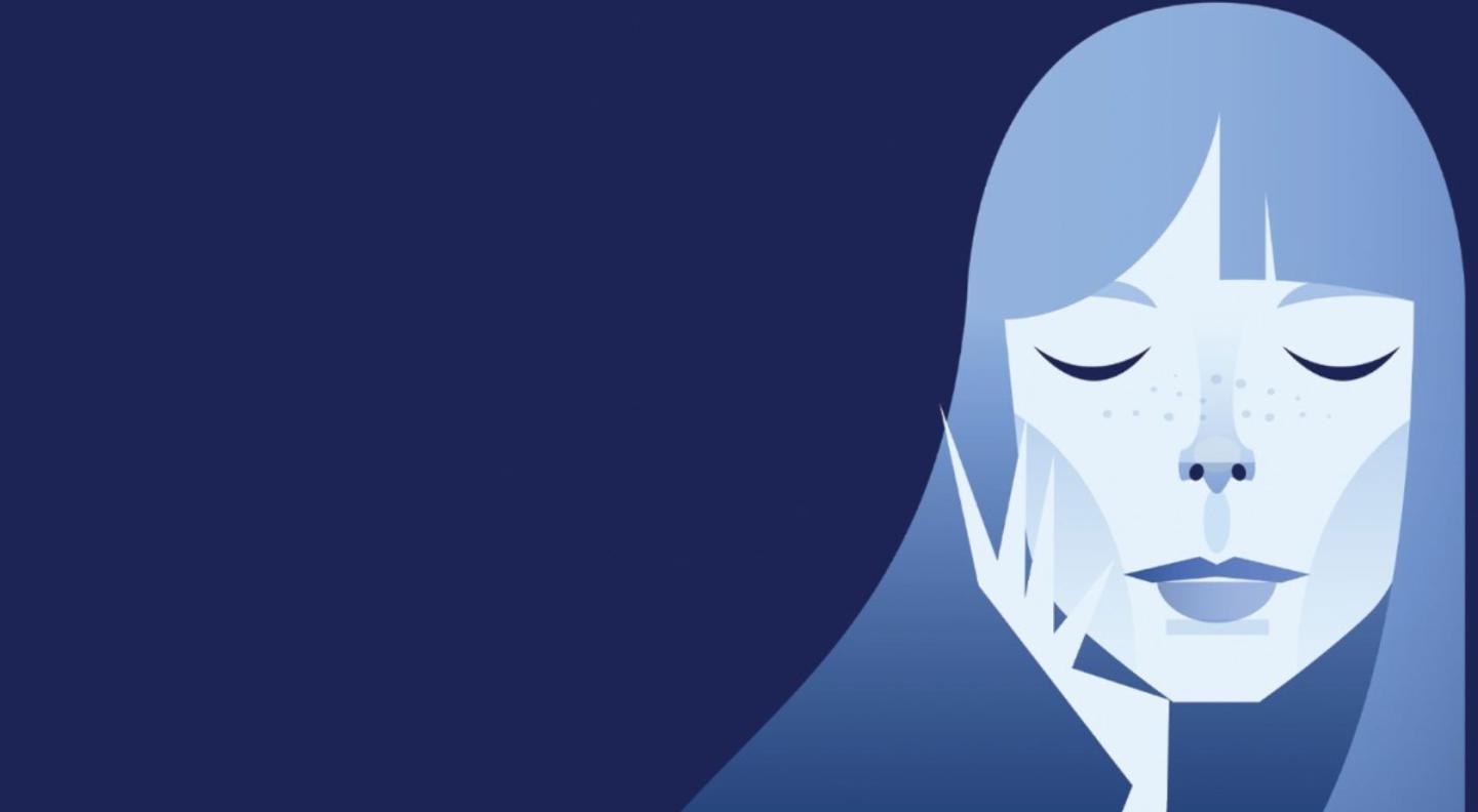 An illustration of a woman's face in shades of blue, against a blue background