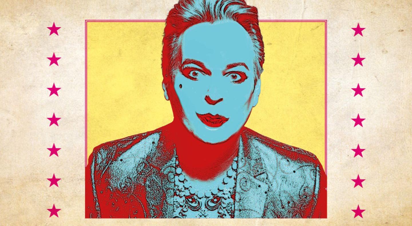 A mugshot of Julian Clary, set in a wild-west style wanted poster. 