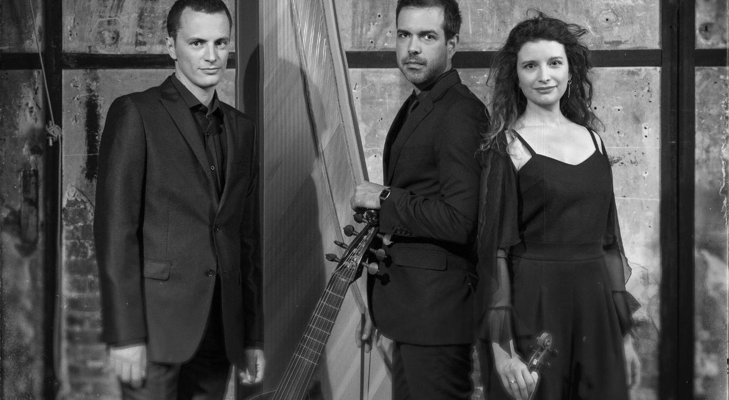 Three musicians, dressed in black, stand beside their instruments. The man on the left and woman on the right hold a cello and violin, and the man in the centre stands beside a harp
