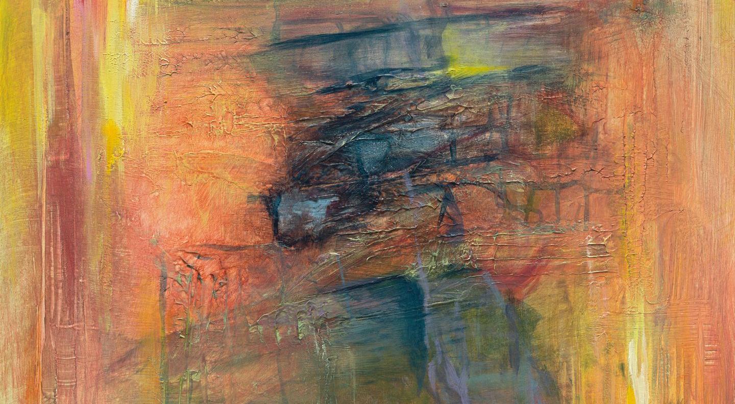 An abstract painting in shades of green, yellow and orange