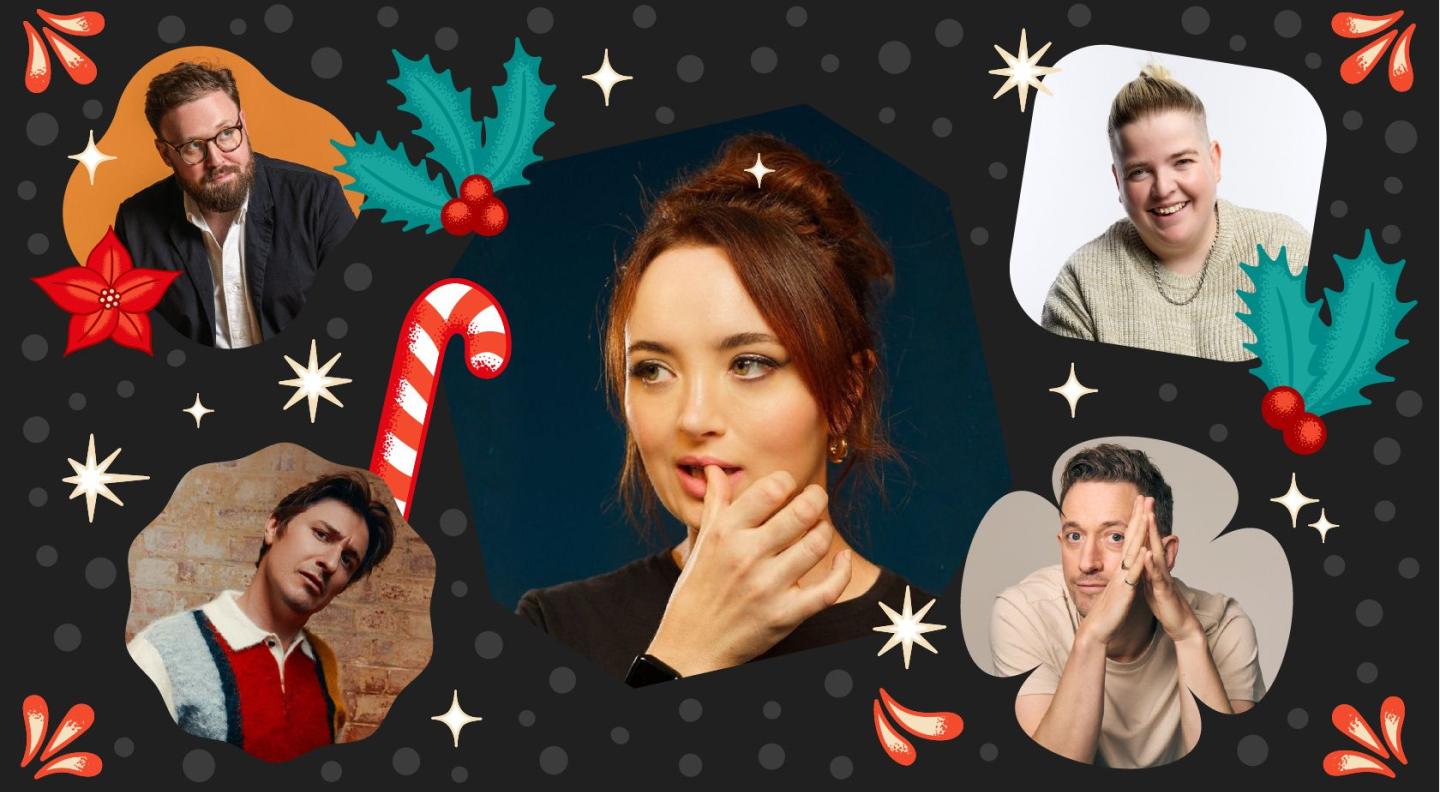 Fern Brady, John Kearns, Kim Blythe, Tom Rosenthal, and John Robins in festive artwork